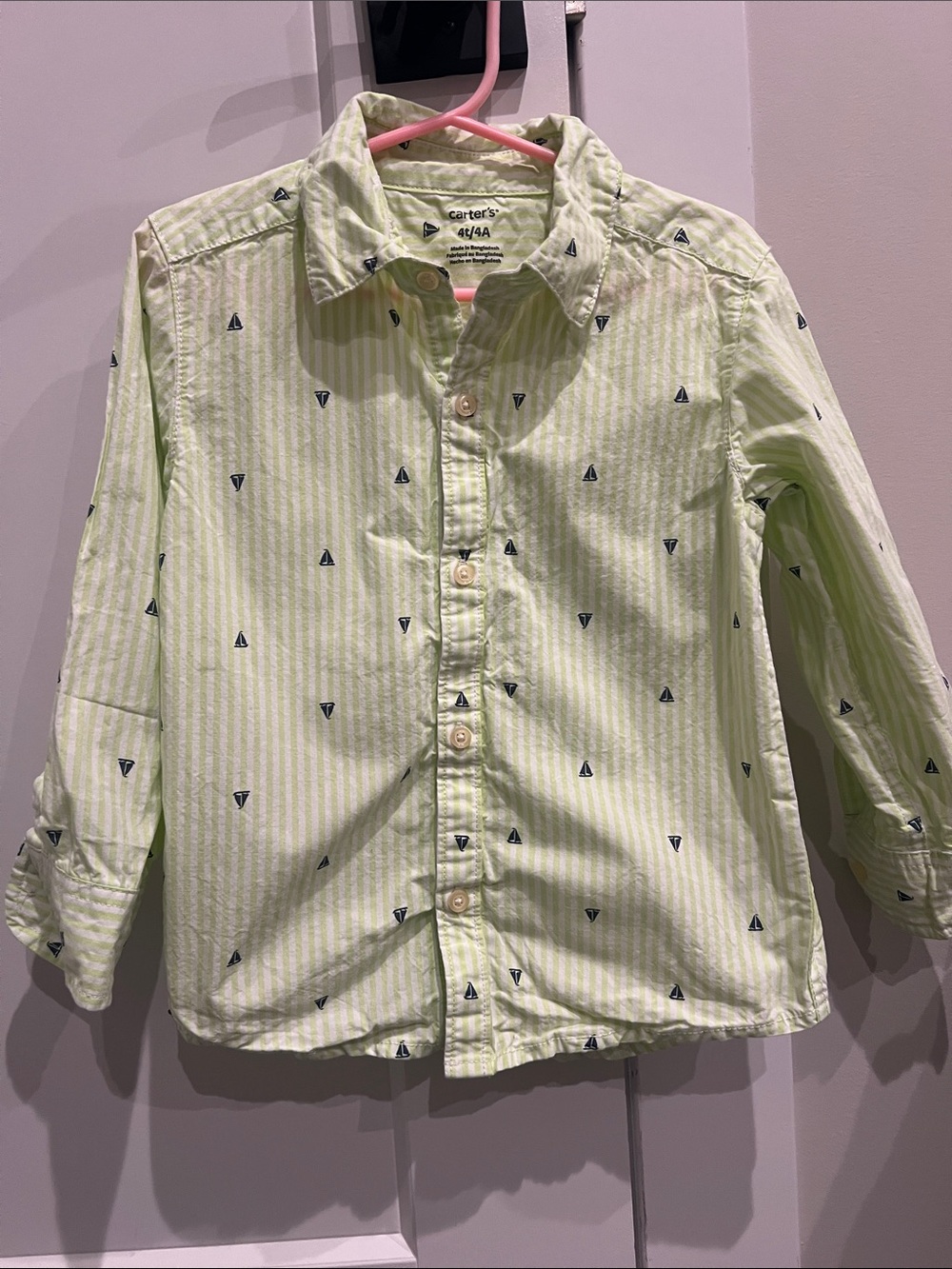 Carter's Pale Green Striped Button-Down Shirt with Navy Sailboat Print
